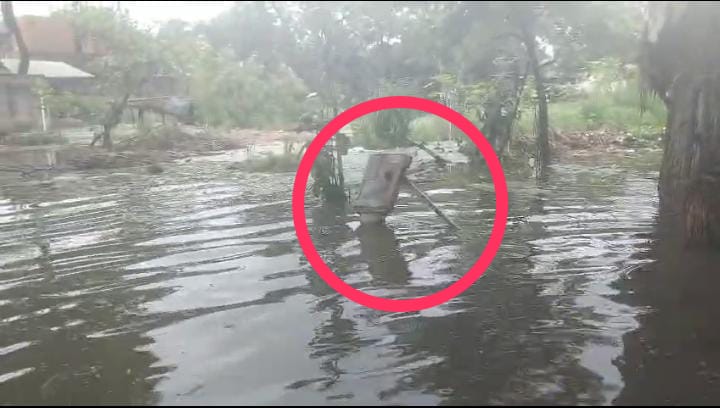 झमाझम बारिश के बाद गांव में घुटनो तक भरा तलाब का पानी